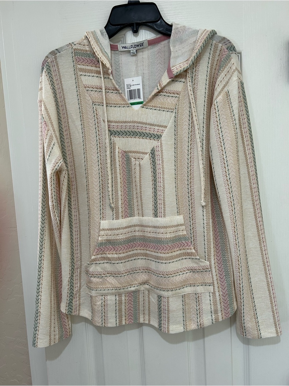 Wallflower Cream Striped Hooded Baja Pullover with Pink & Green Accents